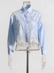 Casual Lapel Long Sleeve Spliced Striped Patchwork Lace Short Blouses Shirt Mssza