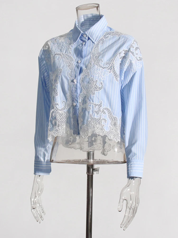Casual Lapel Long Sleeve Spliced Striped Patchwork Lace Short Blouses Shirt Mssza