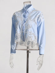 Casual Lapel Long Sleeve Spliced Striped Patchwork Lace Short Blouses Shirt Mssza