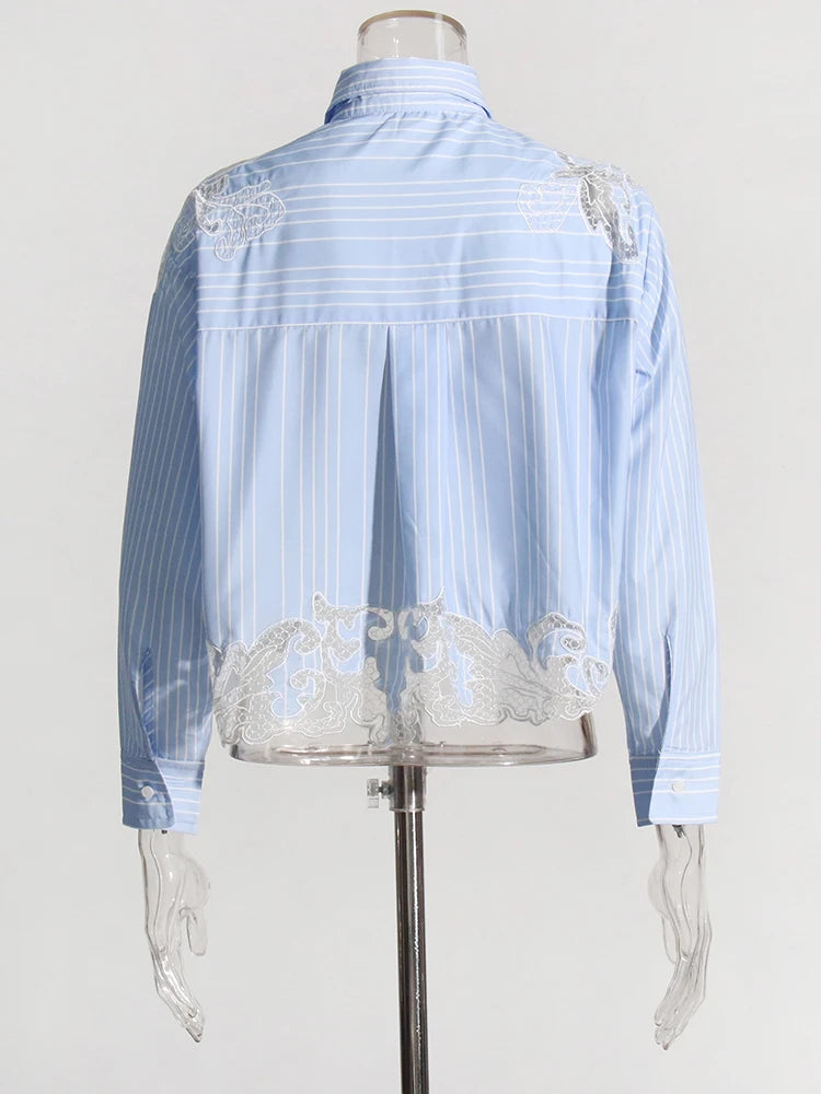 Casual Lapel Long Sleeve Spliced Striped Patchwork Lace Short Blouses Shirt Mssza