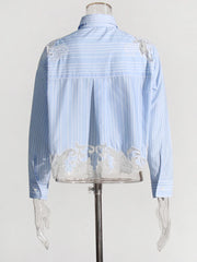 Casual Lapel Long Sleeve Spliced Striped Patchwork Lace Short Blouses Shirt Mssza