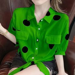 Casual Lapel Loose Bandage Bow Polka Dot Half Sleeve Blouse Tops Mssza