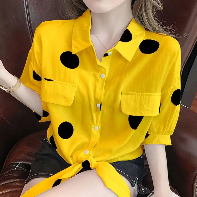 Casual Lapel Loose Bandage Bow Polka Dot Half Sleeve Blouse Tops Mssza