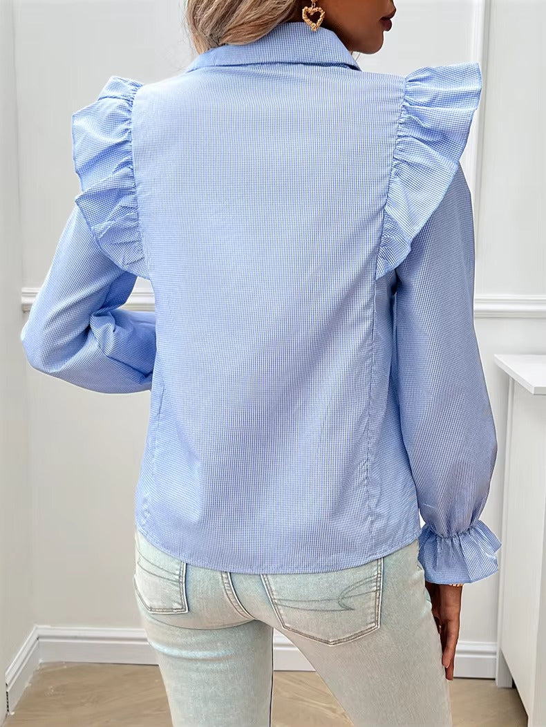 Casual Lapel Ruffled Button Solid Puff Sleeve Shirt Mssza