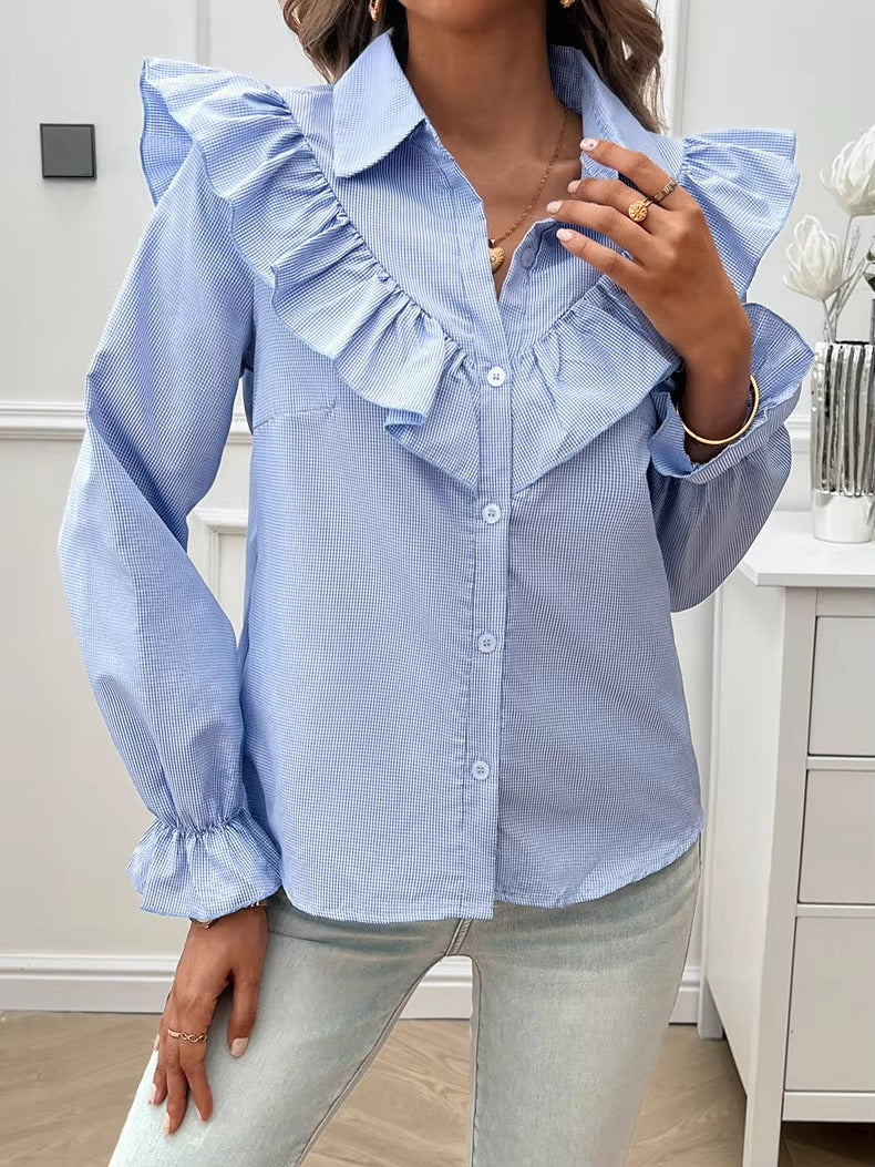 Casual Lapel Ruffled Button Solid Puff Sleeve Shirt Mssza