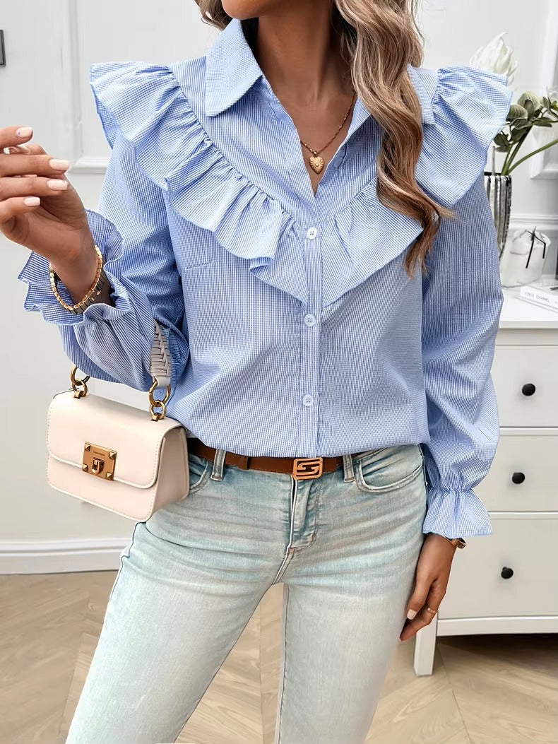 Casual Lapel Ruffled Button Solid Puff Sleeve Shirt Mssza