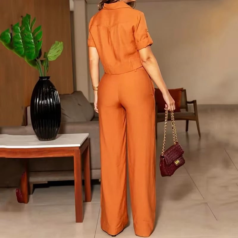 Casual Lapel Single Breasted Top With Belt Wide Legs Pants Two Piece Set Mssza