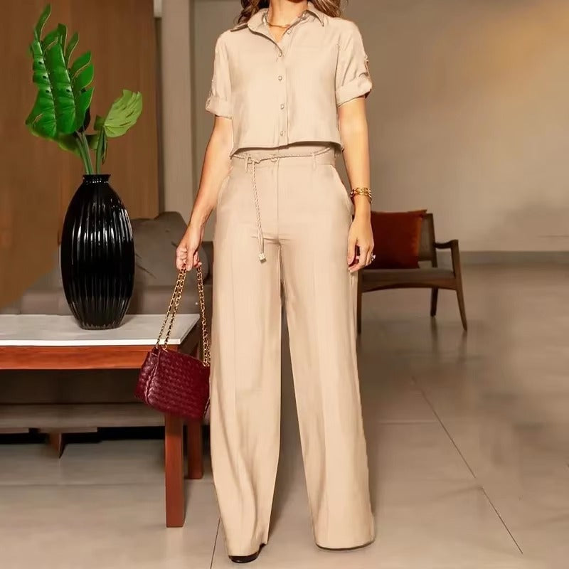 Casual Lapel Single Breasted Top With Belt Wide Legs Pants Two Piece Set Mssza