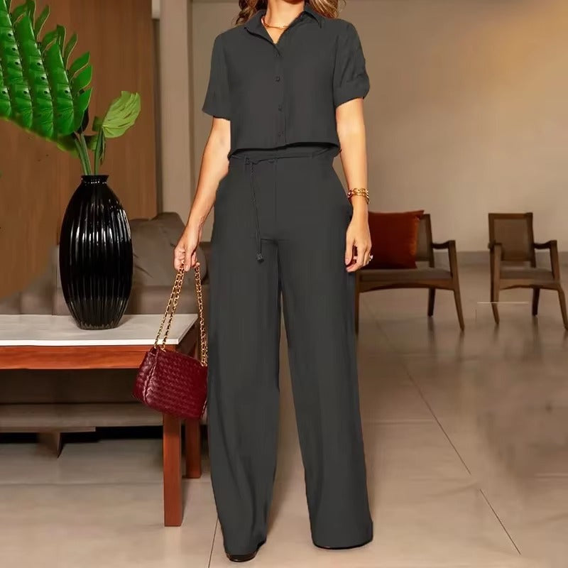 Casual Lapel Single Breasted Top With Belt Wide Legs Pants Two Piece Set Mssza