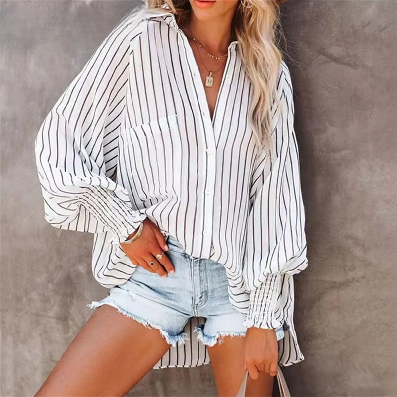 Casual Lapel Thin Mid-Length Striped Long-Sleeve Blouse Shirts Mssza