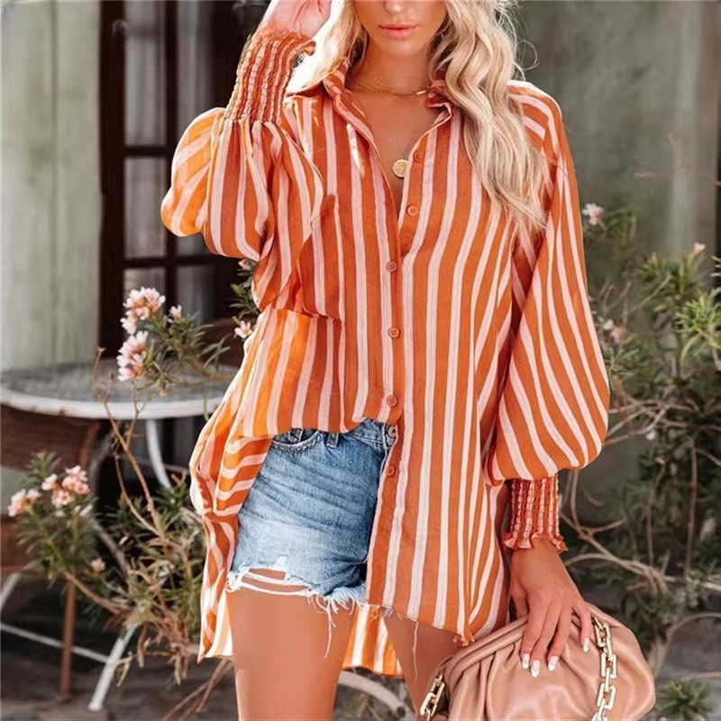 Casual Lapel Thin Mid-Length Striped Long-Sleeve Blouse Shirts Mssza