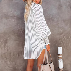 Casual Lapel Thin Mid-Length Striped Long-Sleeve Blouse Shirts Mssza
