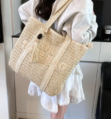 Casual Large Capacity Woven Straw Zipper Woven Shoulder Tote Bag Mssza