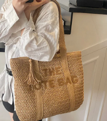 Casual Large Capacity Woven Straw Zipper Woven Shoulder Tote Bag Mssza