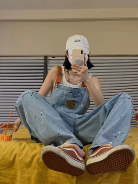 Casual Large Loose and Slim Retro One Piece Pants Embroidered Denim Strap Jumpsuits Mssza