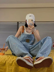Casual Large Loose and Slim Retro One Piece Pants Embroidered Denim Strap Jumpsuits Mssza