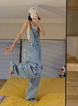 Casual Large Loose and Slim Retro One Piece Pants Embroidered Denim Strap Jumpsuits Mssza