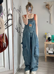 Casual Large Loose and Slim Retro One Piece Pants Embroidered Denim Strap Jumpsuits Mssza