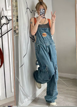 Casual Large Loose and Slim Retro One Piece Pants Embroidered Denim Strap Jumpsuits Mssza