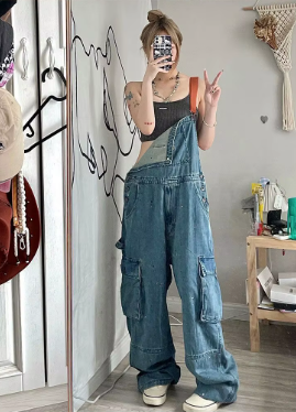 Casual Large Loose and Slim Retro One Piece Pants Embroidered Denim Strap Jumpsuits Mssza