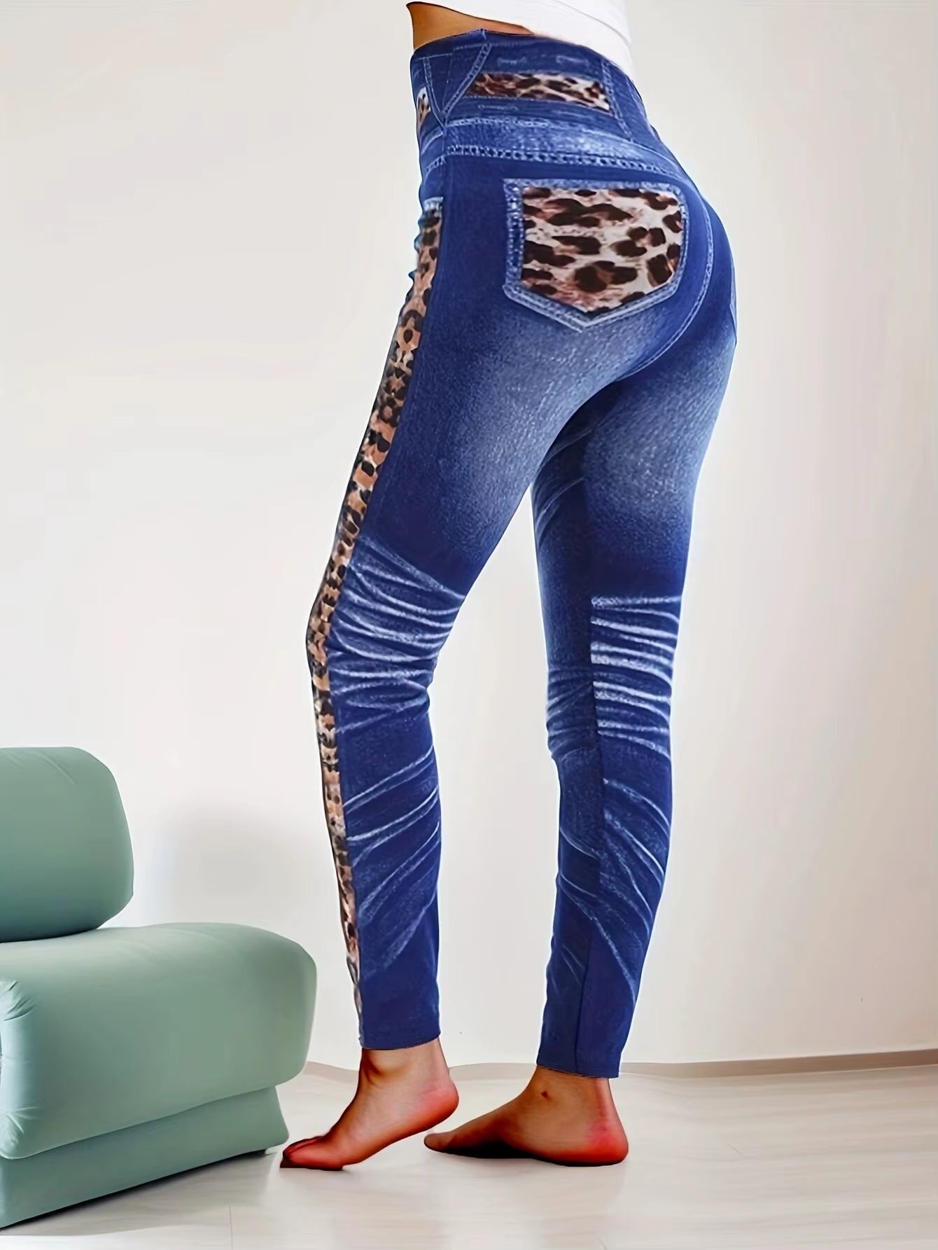 Casual Leopard And Fashionable Imitation Denim MID Waist Tight Pants Leggings Mssza