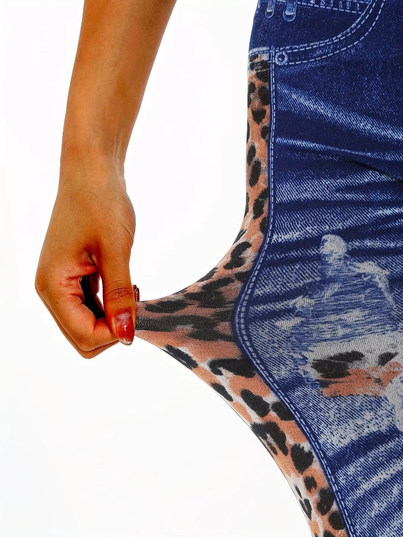 Casual Leopard And Fashionable Imitation Denim MID Waist Tight Pants Leggings Mssza