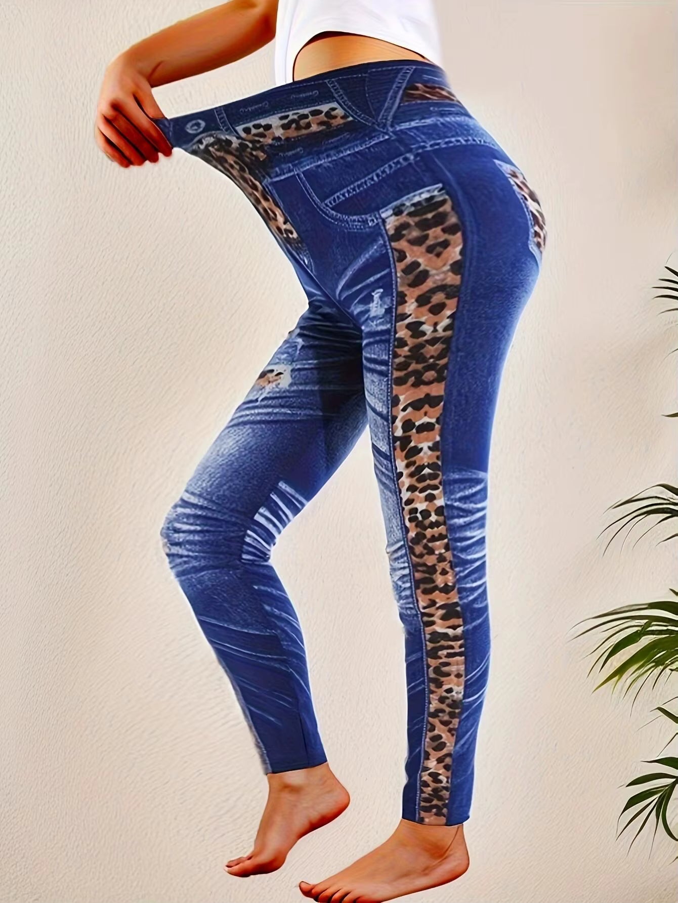 Casual Leopard And Fashionable Imitation Denim MID Waist Tight Pants Leggings Mssza