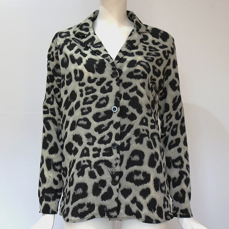 Casual Leopard Long Sleeve Turn-Down Collar Blouses Shirt Mssza