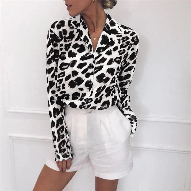 Casual Leopard Long Sleeve Turn-Down Collar Blouses Shirt Mssza