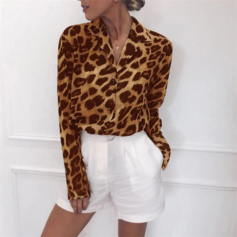 Casual Leopard Long Sleeve Turn-Down Collar Blouses Shirt Mssza