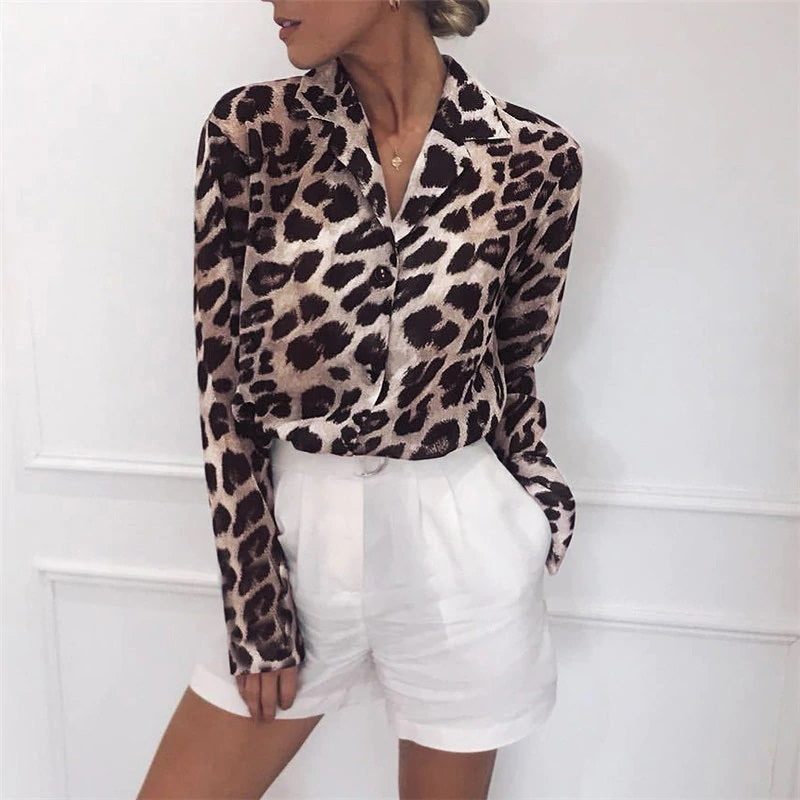 Casual Leopard Long Sleeve Turn-Down Collar Blouses Shirt Mssza