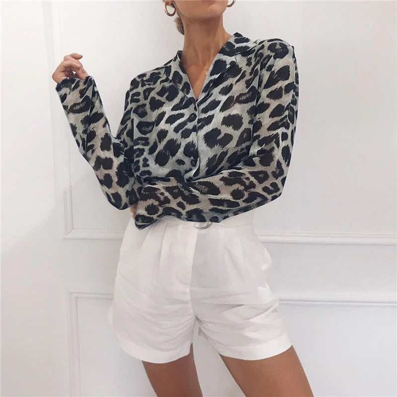 Casual Leopard Long Sleeve Turn-Down Collar Blouses Shirt Mssza