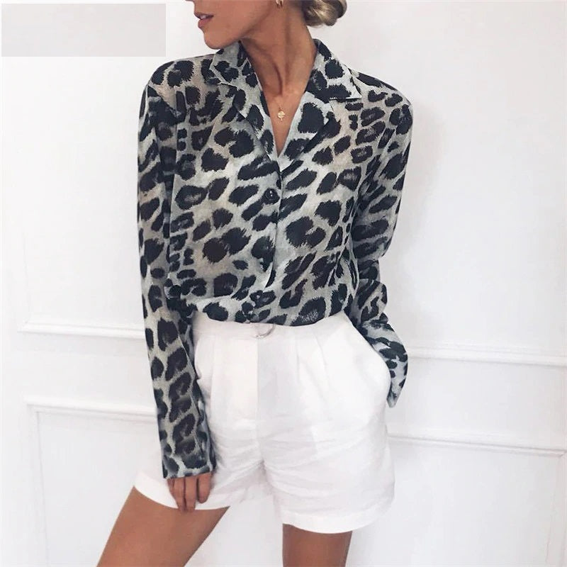Casual Leopard Long Sleeve Turn-Down Collar Blouses Shirt Mssza