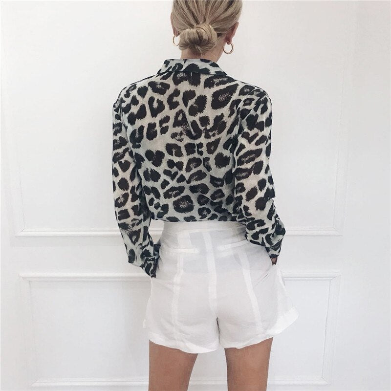 Casual Leopard Long Sleeve Turn-Down Collar Blouses Shirt Mssza
