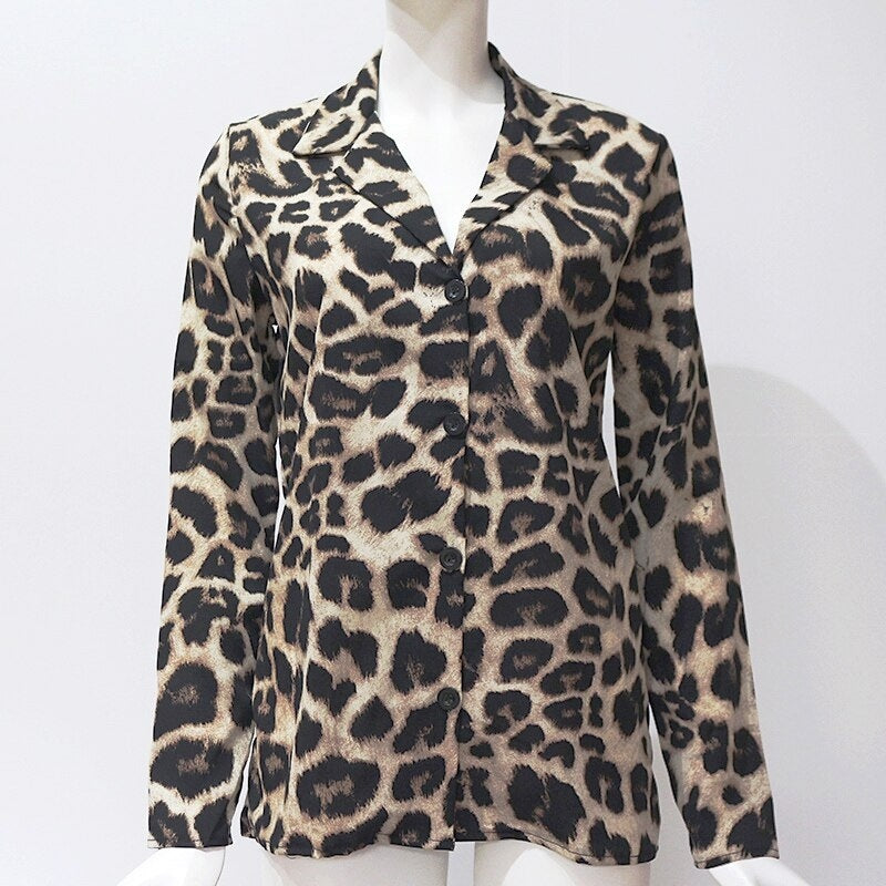 Casual Leopard Long Sleeve Turn-Down Collar Blouses Shirt Mssza