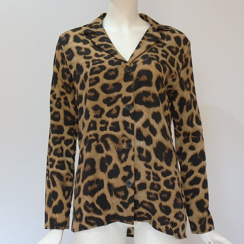 Casual Leopard Long Sleeve Turn-Down Collar Blouses Shirt Mssza