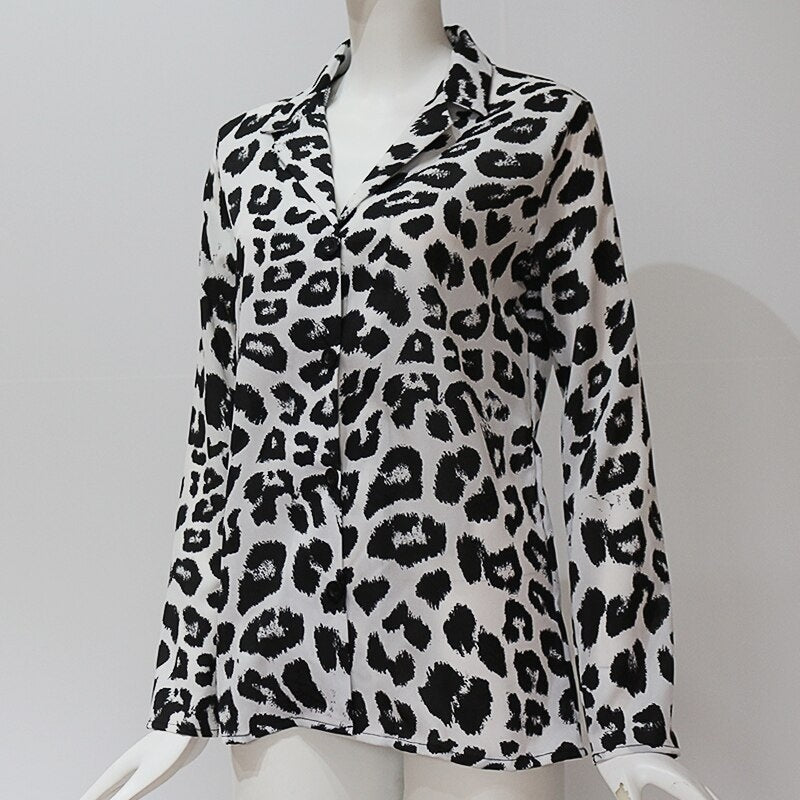 Casual Leopard Long Sleeve Turn-Down Collar Blouses Shirt Mssza
