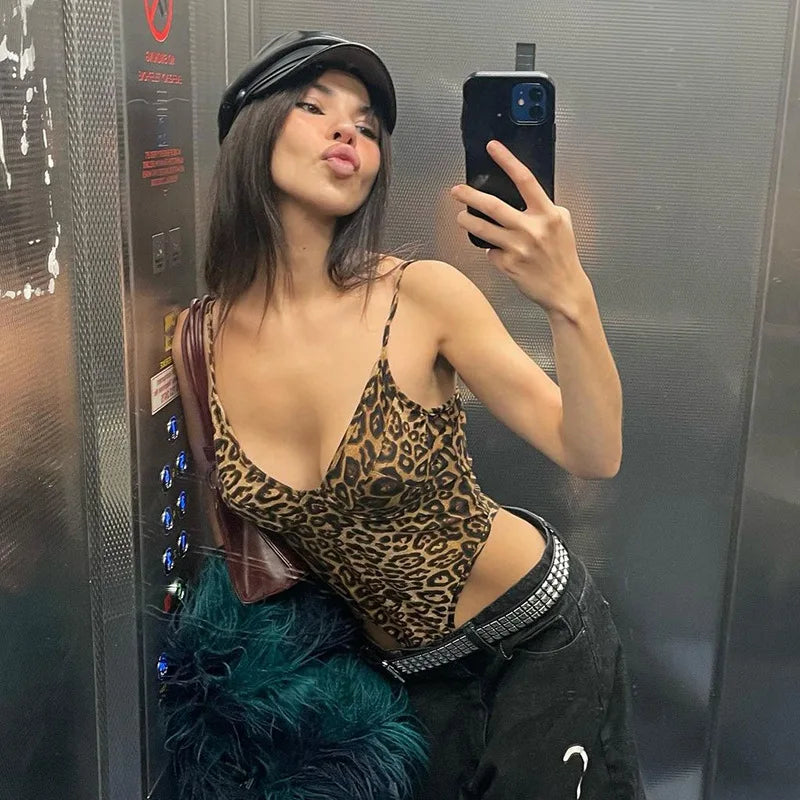 Casual Leopard Print Backless Bodysuits Skinny Outfits Mssza