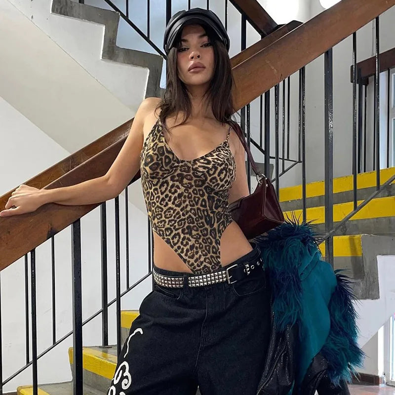 Casual Leopard Print Backless Bodysuits Skinny Outfits Mssza