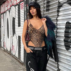 Casual Leopard Print Backless Bodysuits Skinny Outfits Mssza