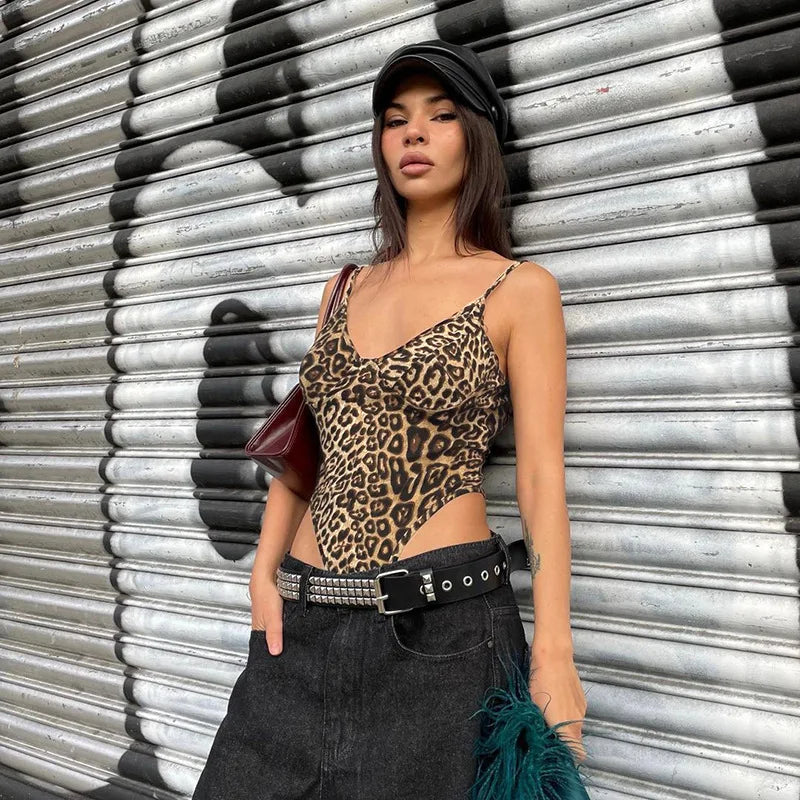 Casual Leopard Print Backless Bodysuits Skinny Outfits Mssza
