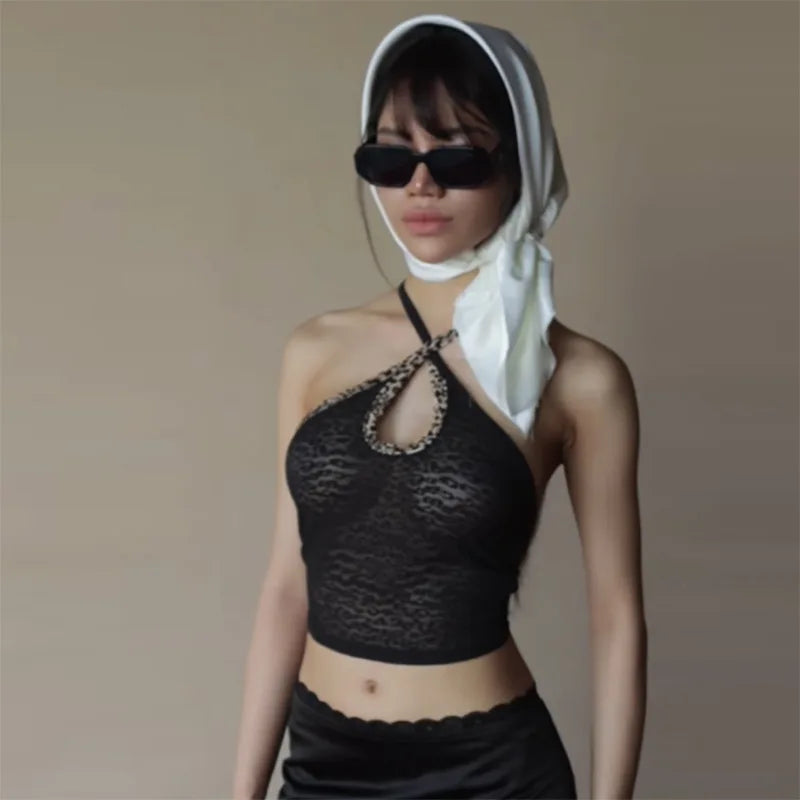 Casual Leopard Print High Stretch Halter Crossed Ties Tops Mssza