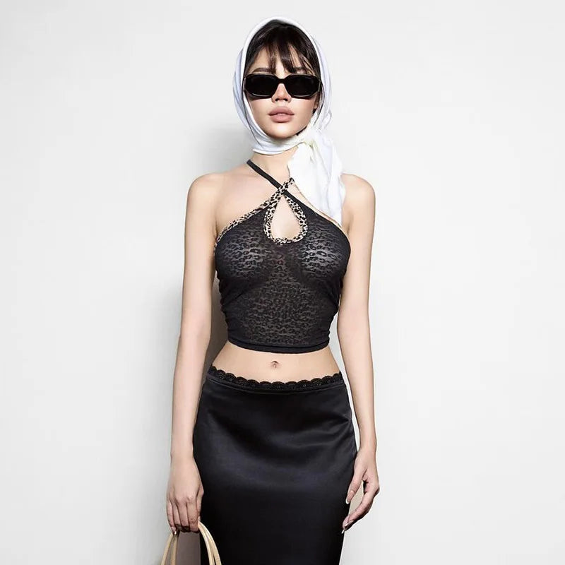 Casual Leopard Print High Stretch Halter Crossed Ties Tops Mssza