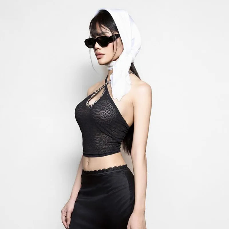 Casual Leopard Print High Stretch Halter Crossed Ties Tops Mssza