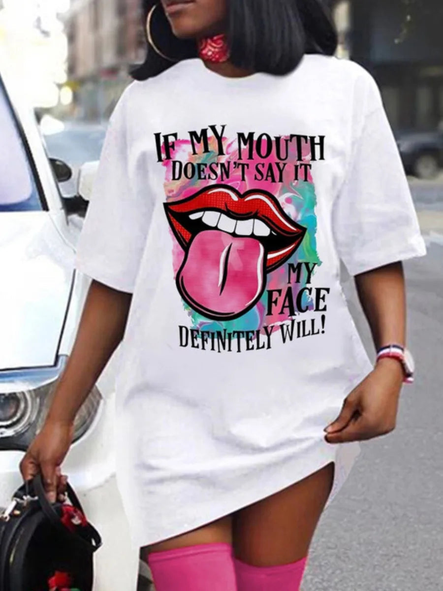 Casual Letter Lip Print Pattern Printed Short Sleeved T-shirt Mssza