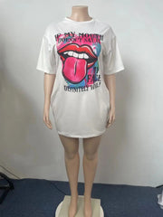 Casual Letter Lip Print Pattern Printed Short Sleeved T-shirt Mssza