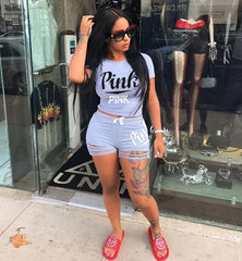 Casual Letter Print Burn Flower Sports Shorts Two-piece Set Mssza