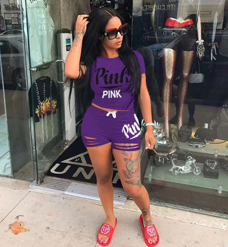 Casual Letter Print Burn Flower Sports Shorts Two-piece Set Mssza
