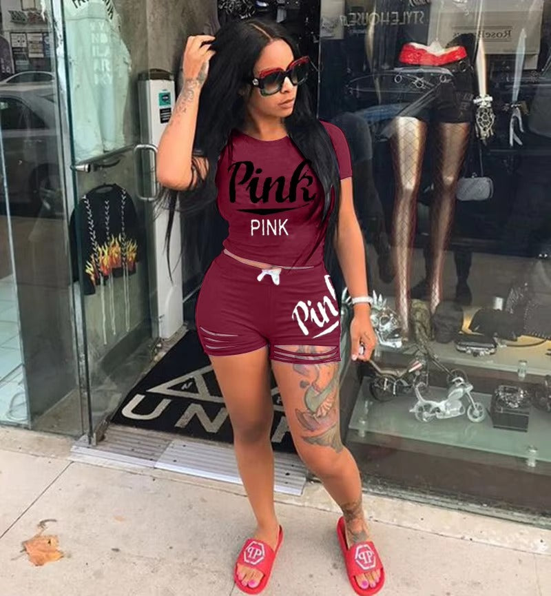 Casual Letter Print Burn Flower Sports Shorts Two-piece Set Mssza