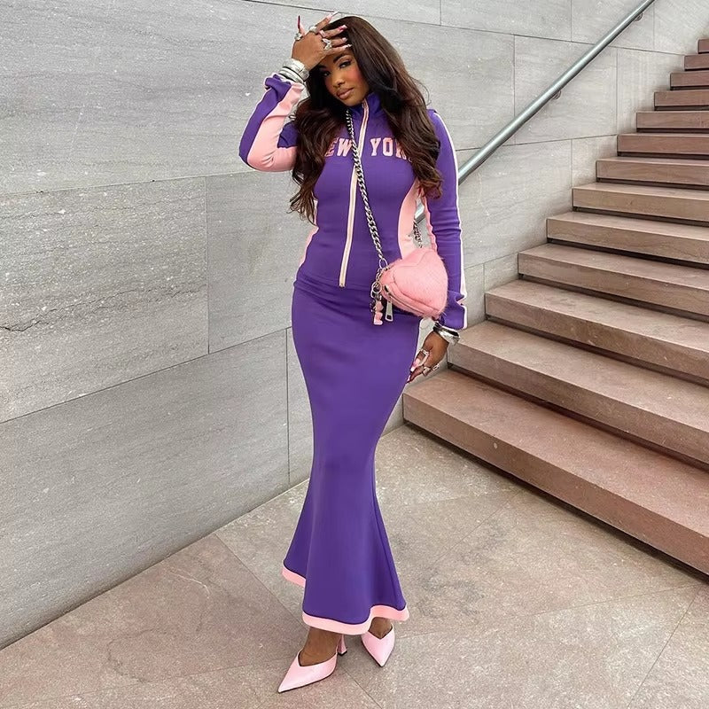 Casual Letter Print Zip Long Sleeve Tops and Maxi Skirts 2 Piece Sets Mssza